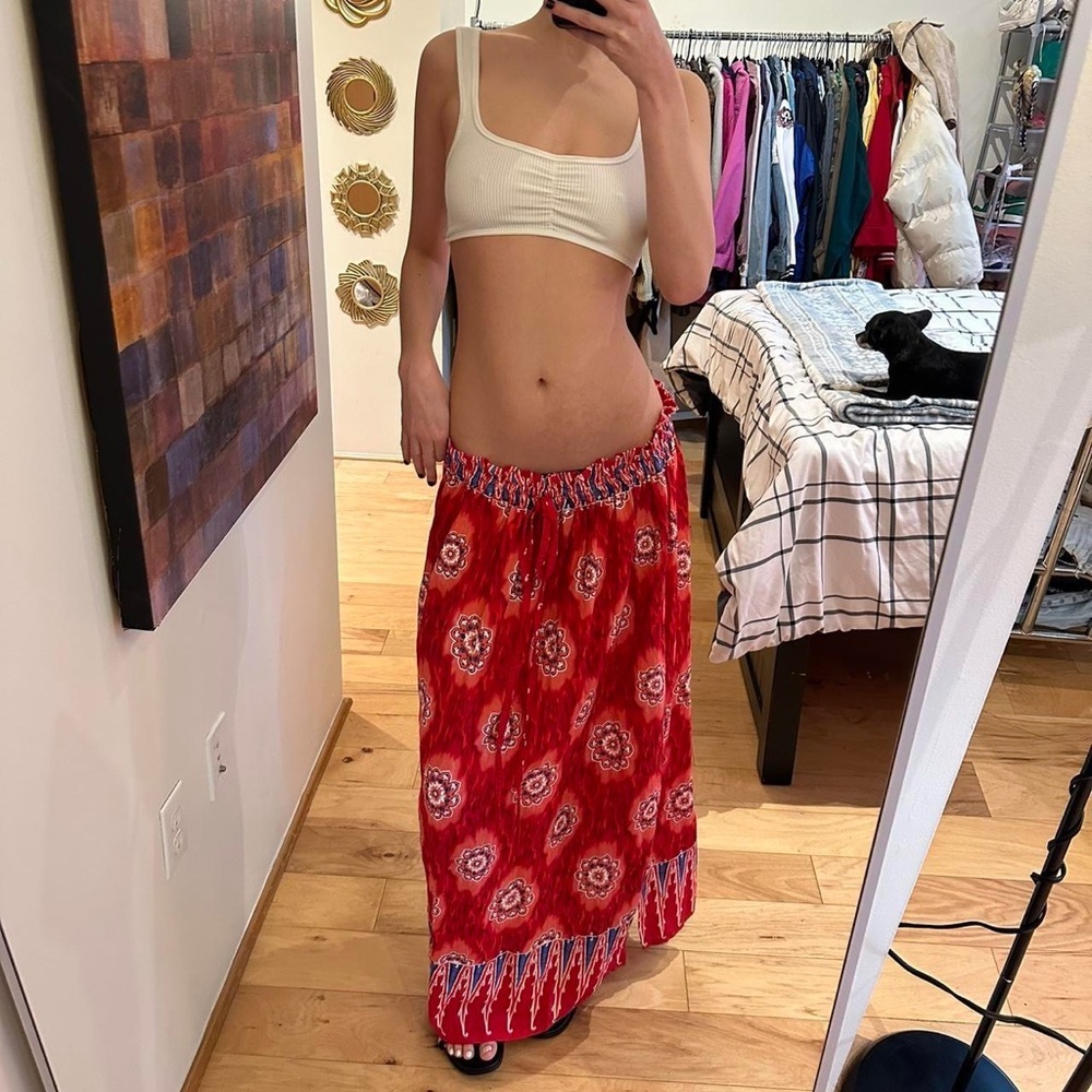 Vibrant Red Patterned Maxi Skirt
